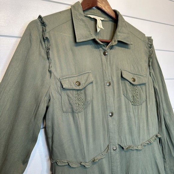 Matilda Jane Adult Dress Medium Mom Green Tree Canopy Utility Military Ruffles - Picture 4 of 10